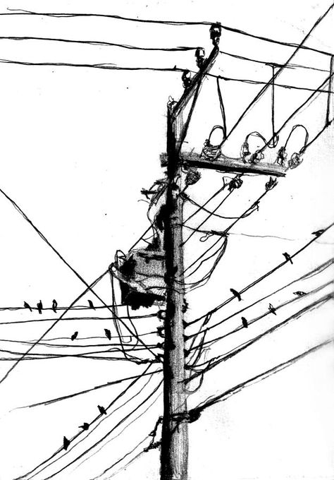 Powerline Drawing, Power Lines Tattoo, Power Lines, Train Tattoo, Light Tattoo, Pole Art, City Sketch, Art Sketches Doodles, Angel Tattoo Designs