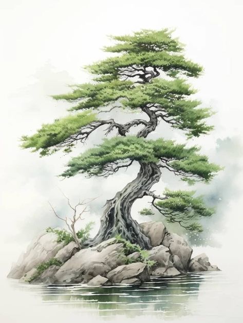 Bonsai Art Painting, Bonsai Tree Drawing Sketches, Chinese Tree Drawing, Japanese Trees Painting, Japanese Bonsai Tree Drawing, Bonsai Tree Painting Acrylic, Japanese Forest Art, Chinese Tree Painting, Japanese Tree Drawing