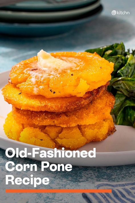 Old-fashioned corn pone is a simple Southern side dish that has stood the test of time. The simple cornmeal pancakes are fried in a skillet (in bacon fat!) until crisp and golden. Made from just four ingredients, these corny cakes are welcome at breakfast or as a starchy side to serve with savory stews come dinnertime. #oldfashionedcornpone #oldfashionedcornponerecipe #cornponerecipe #cornpone Corn Pones Recipes, Fine Cornmeal Recipes, Cornmeal Breakfast Recipes, Pan Corn Flour Recipes, Cornpone Recipe, Corn Pone Recipe, Corn Meal Cakes, Corn Bread Pancakes, Cornmeal Breakfast