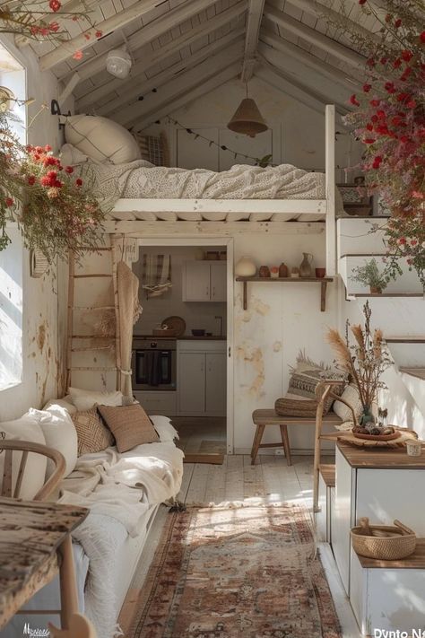 White House Design Interior, Small Cottage Interiors Bedroom, Tiny House Cottage Interior, Cute Tiny House Interior, Small Relaxing Room Ideas, Cozy Cottage Homes Interior, Studio Cottage Interior, Small Houses Interiors, Cozy Tiny House Interior