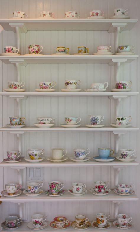 Teacups on display... and to use of course. I think I found something new to start collecting! So beautiful. Reminds me of visiting my Grandma. Display Teacups, Tea Shelf, Tea Cup Display, Tea Cup Collection, Teapots And Cups, Vintage Teacups, Vintage Cups, Diy Coffee, My Cup Of Tea