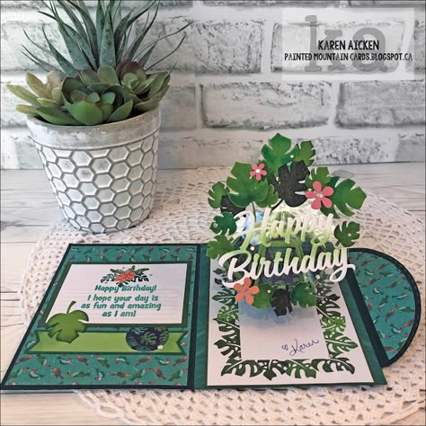 Cricut Pop Up Cards, Popup Cards Tutorial, Panel Cards, Tropical Cards, Diy Pop Up Cards, Surprise Ball, Fancy Fold Card Tutorials, Birthday Stamps, Handmade Envelopes