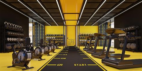 Black And Yellow Gym Interior, Black Gym Interior, Gym Room Ideas, Fitness Design Gym, Kickboxing Gym, Parthian Empire, Gym Club, Diy Pallet Bed, Indoor Water Fountains