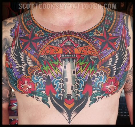 American Traditional light house chest tattoo by Scott A Cooksey of Lone Star Tattoo shop in Dallas Texas. American Traditional Chest Tattoo, Lone Star Tattoo, Chest Piece Tattoo, Photoshop Tattoo, Traditional Chest Tattoo, Traditional Tattoo Man, Traditional Chest, Traditional Tattoo Flowers, Traditional Light