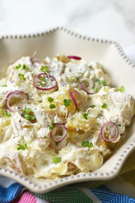 Lighter Potato Salad with Crème Fraîche and Dill | Supper in the Suburbs Loaded Potato Salad, Creme Fraiche Recipes, How To Make Potatoes, Grape Salad, Cooking For A Crowd, Creamy Potato, Fruit Salad Recipes, Food Club, Shrimp Salad