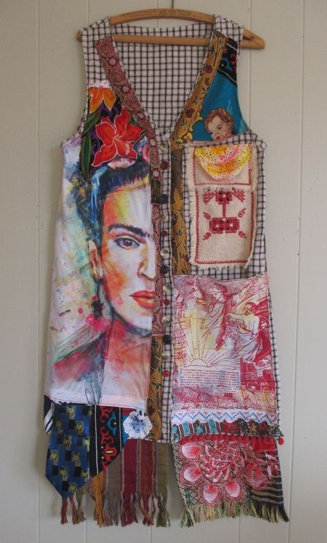 Reserved Listing FRIDA WEARABLE ART Latino Kimono Smock Mybonny Abstract Altered Artist Couture Vintage Mexican Collage Clothing - Etsy Quilted Vests For Women, Mexican Collage, Upcycled Couture, Diy Scarves, Gingham Dresses, Clothing Redo, Upcycle Inspiration, Ropa Upcycling, Upcycling Clothes