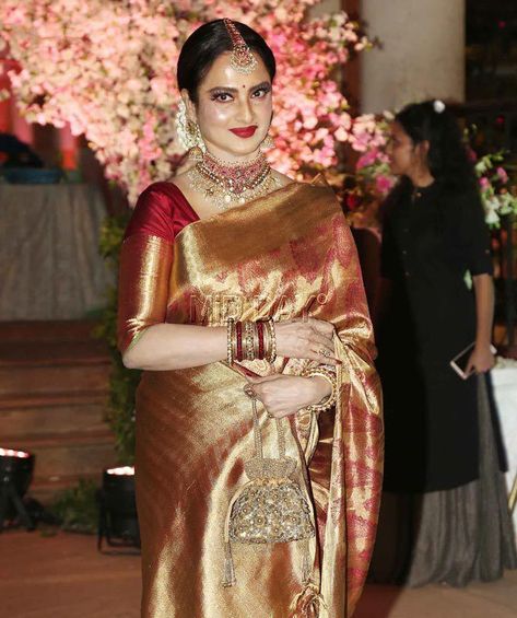 Rekha In Kanjeevaram Sarees, Rekha In Saree, Celebrities In Saree, Rekha Sarees, Aditya Pancholi, Rekha Saree, Rekha Actress, Bollywood Designer Sarees, Golden Saree