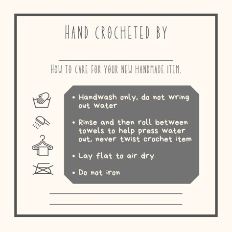 Free Care Instruction Printable for your Crochet Projects - Sweet Potato 3 Care Card For Crochet, How To Take Care Of Crochet Products, Care Instruction Cards Crochet, Crochet Instructions Free Printable, Crochet Packaging Ideas Diy, How To Care For Crochet Items, Crochet Coaster Packaging Ideas, Crochet Business Card Design, Logo Ideas For Crochet Business