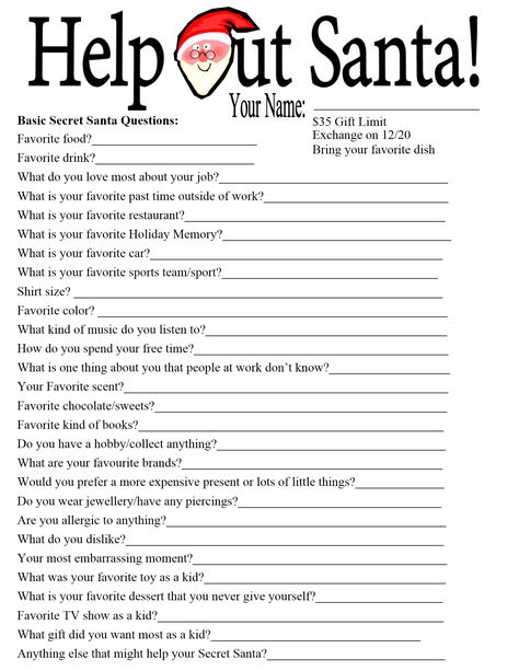 Santa's Lil' helper for workplace Secret Santa Celebrations. Secret Santa Questions, Secret Santa Templates, Secret Santa Form, Santa Questionnaire, Employee Perks, Secret Santa Questionnaire, Questionnaire Template, Secret Pal, Santa List