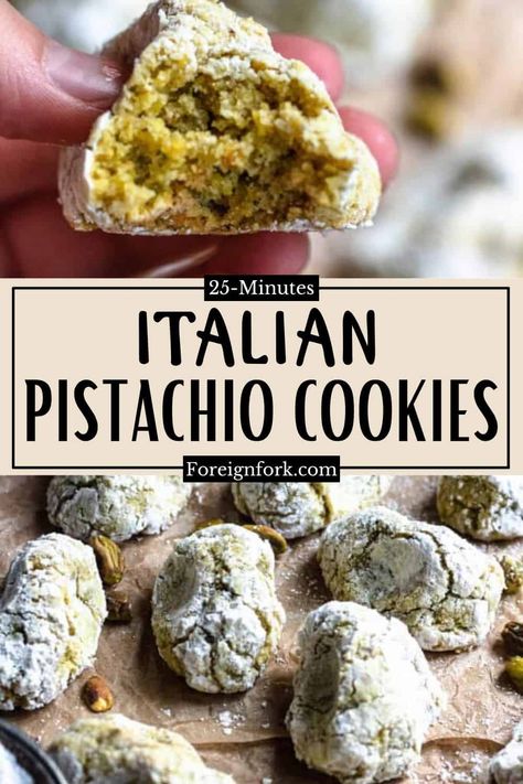 This recipe for Italian Pistachio Cookies uses only 5 ingredients. The cookies are soft and share the tastes of pistachio and lemon. They are great for a quick cookie recipe any time of the year, and the green color also makes them a great fit for Christmas dessert! Sicilian Pistachio Cookies, Sea Salt Pistachio Cookies, Pistasio Cookies, Recipes That Use Pistachio Cream, Lady Finger Cookies Recipe, Pistachio Almond Cookies, Pistachio Amaretti Cookies, Recipes With Pistachio Paste, Pistachio Dessert Vegan