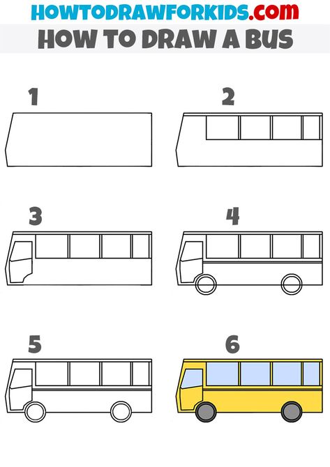 Vehicle Drawing Easy, School Bus Drawing Easy, Vehicles Drawing, Bus Drawing Easy, Flip Books Diy, Super Easy Drawings, Bus Drawing, Trin For Trin Tegning, Kindergarten Drawing