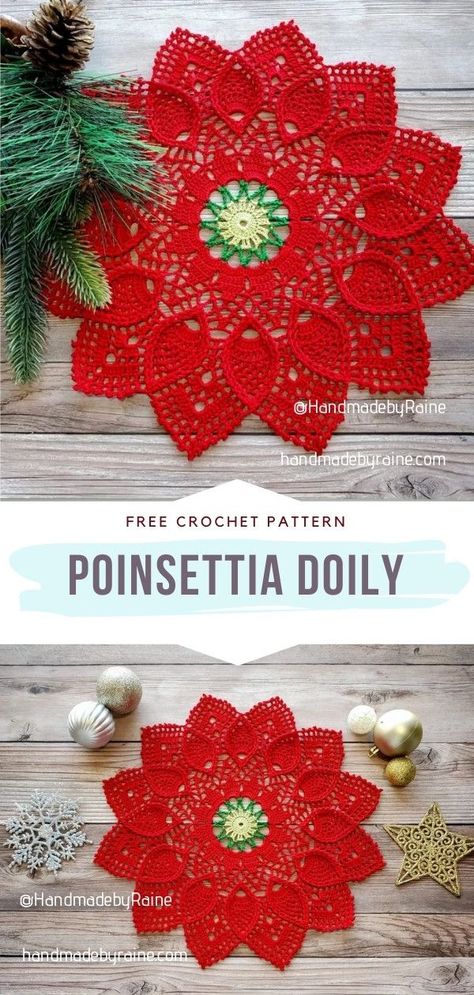 Crochet Poinsettia Doily Free Crochet Doily Patterns Christmas Ornament, Free Crochet Poinsettia Flower Pattern, Doilies Decor, Poinsettia Crochet, Christmas Doilies, Crochet Poinsettia, Thread Projects, Crochet Blanket Tutorial, Modern Crochet Blanket