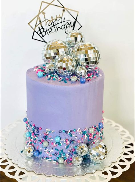 Disco Ball Birthday Cake Ideas, Disco Smiley Birthday, Space Disco Birthday Party, Bejeweled Birthday Cake, Neon Disco Birthday Cake, Purple Disco Ball Cake, Girls Disco Party Ideas, Mirror Ball Birthday Cake, Simple Taylor Swift Birthday Cake