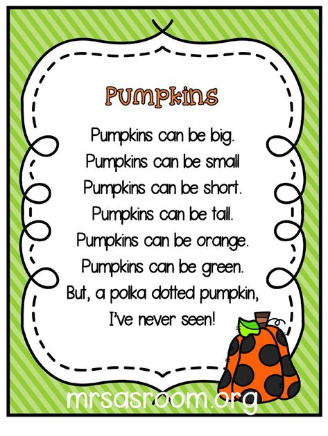 Poems For Preschool, Pumpkin Poem, Kindergarten Poems, Pumpkins Preschool, Preschool Poems, Autumn Poems, Classroom Songs, Pumpkin Activities, Halloween Preschool