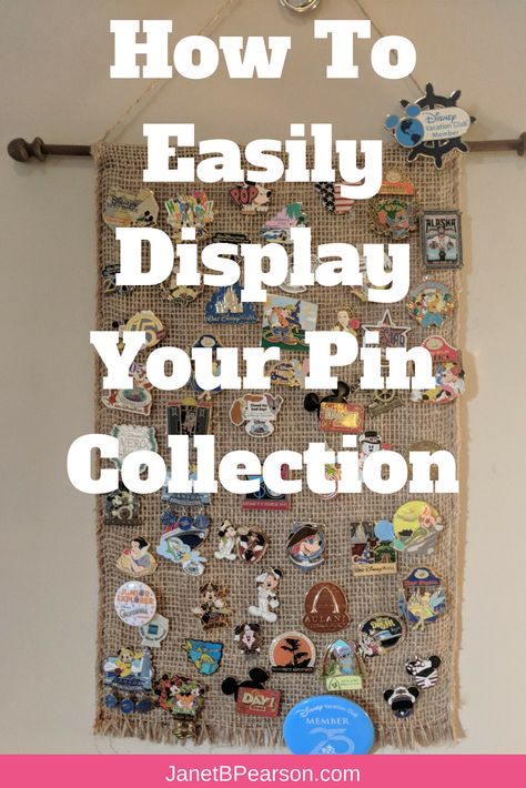 How to easily display your pin collection.  Easy DIY project.  Display your pins as artwork.  Perfect for collectors.  Pin Display. #Pin #PinDisplay #DIY https://janetbpearson.com Pin Collection Displays, Disney Pin Display, Brooch Display, Pins Badge Display, Enamel Pin Display, Pin Display, Wet Felting Projects, Disney Vacation Club, Brooch Diy