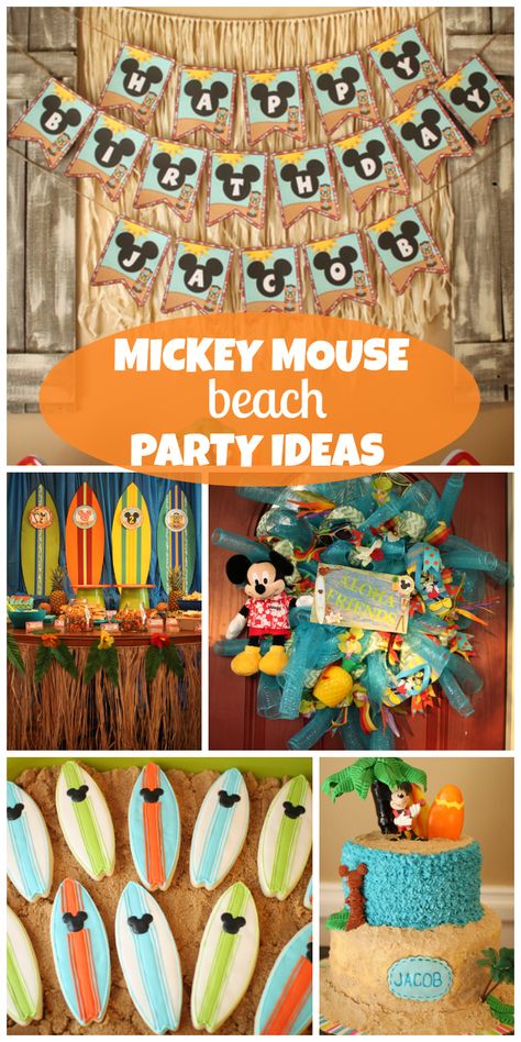 Disney Beach Party, Mickey Mouse Luau Birthday Party, Summer Mickey Mouse Party, Mickey Beach Party Birthday, Mickey Mouse Beach Theme Party, Mickey Mouse Summer Birthday Party, Mickey Summer Birthday, Surfboard Cookies, Beach Party Ideas