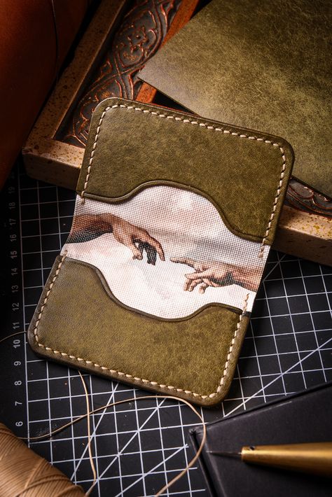 Leather Wallet Mens Handmade, The Creation Of Adam, Leather Craft Patterns, Custom Wallet, Printed Canvas, Art Series, Money Clip Wallet, Card Holder Wallet, Custom Artwork