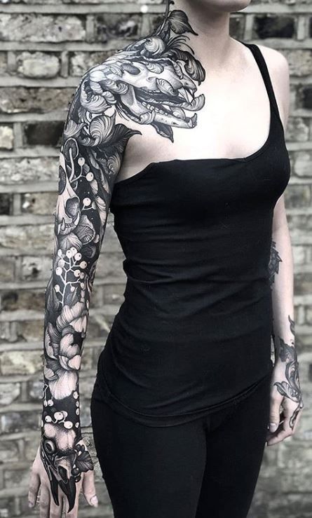 145 Very Dark & Creative Blackwork Tattoos - Tattoo Me Now Mangas Tattoo, 42 Tattoo, Tattoo Uk, White Tattoos, Blackout Tattoo, Floral Tattoo Sleeve, Dark Tattoo, Sleeve Tattoos For Women, Tattoos Gallery