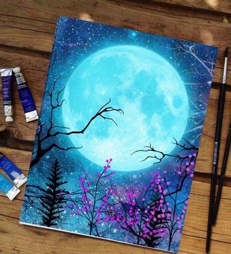 Blue Moon Painting, Painting Moon, Moon Artwork, Moon Painting, Galaxy Painting, Celestial Art, Painting Blue, Galaxy Art, Moon Print