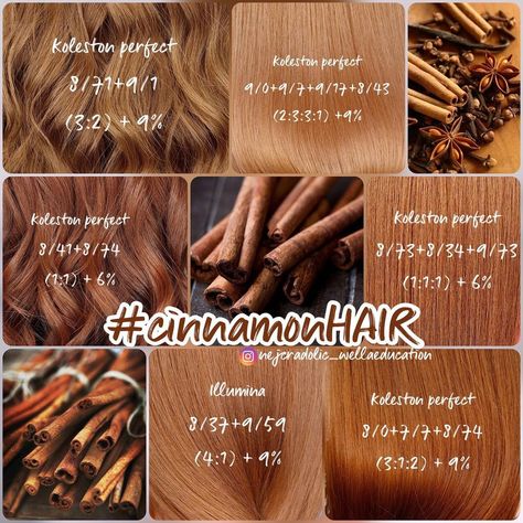 Formula For Copper Hair, Copper Hair Schwarzkopf, Cinnamon Brown Hair Formula, Light Ginger Formula, Redken Cinnamon Formula, Titian Red Blonde Wella, Wells Copper Formulas, Ginger Hair Color Wella, Pumpkin Spice Hair Formula