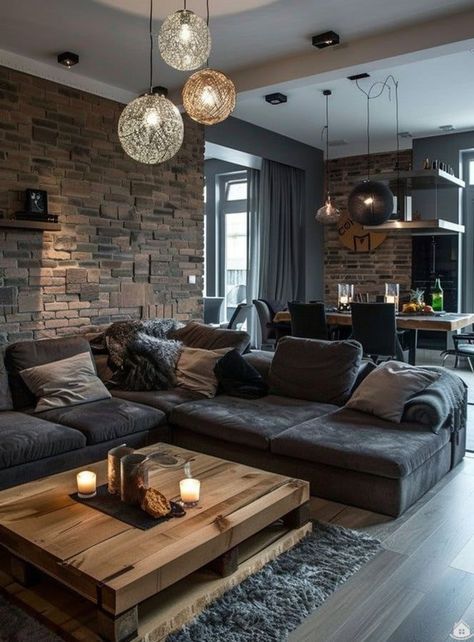 Apartment Decorating Rustic Modern, House Design Ideas Living Room, Black Family Room Ideas, Black Rustic Living Room, Dark Wood Living Room Decor, Dark Floor Interior, Warm Rustic Living Room, Living Room With Black Couch, Cozy Lounge Room