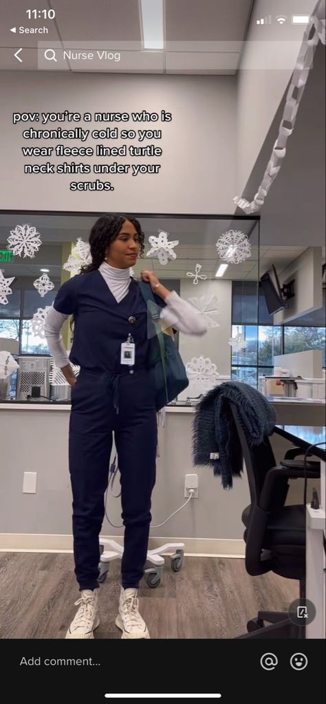 Turtleneck Under Scrubs, Night Shift Nurse Aesthetic, Cna Outfits Scrubs, Nurse Outfit Aesthetic, How To Style Scrubs, Figs Scrubs Outfit, Winter Scrubs Outfit, Scrubs Outfit Ideas, Styling Scrubs