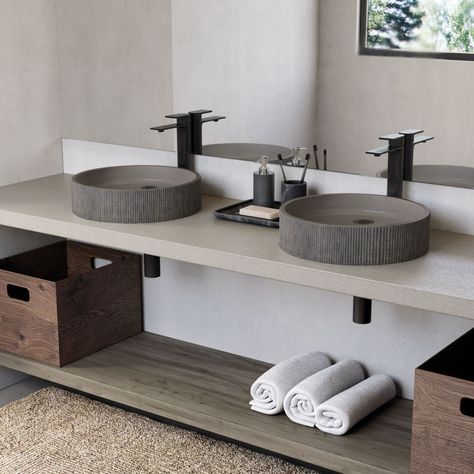 Trueform Concrete (@trueform_concrete) • Instagram photos and videos Concrete Vessel Sink, Free Standing Sink, Wall Mount Sinks, Wooden Vanity, Concrete Sink, Vessel Faucets, Countertop Design, Plumbing Bathroom, Concrete Color