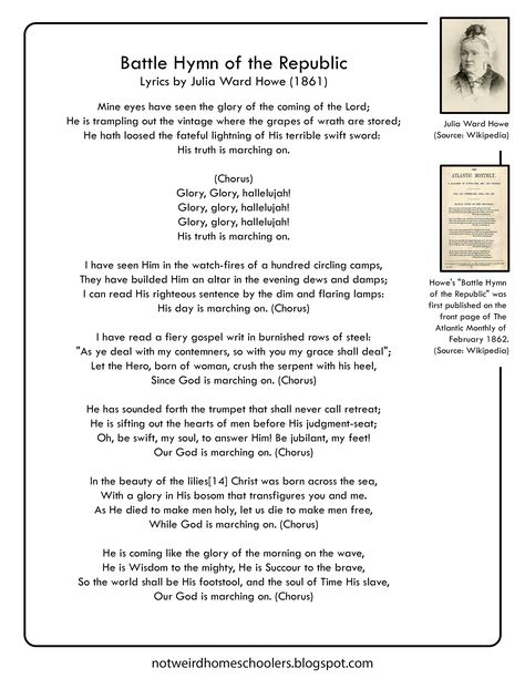 The Battle Hymn of the Republic by Julia Ward Howe (1861) holds special significance in American History. This worksheet includes the lyrics and facts pertaining to the Battle Hymn of the Republic. Lyrics Worksheet, Battle Hymn Of The Republic, Patriotic Songs, Hymns Lyrics, American Songs, Christian Song Lyrics, Patriotic Food, Grapes Of Wrath, Grandmothers Love