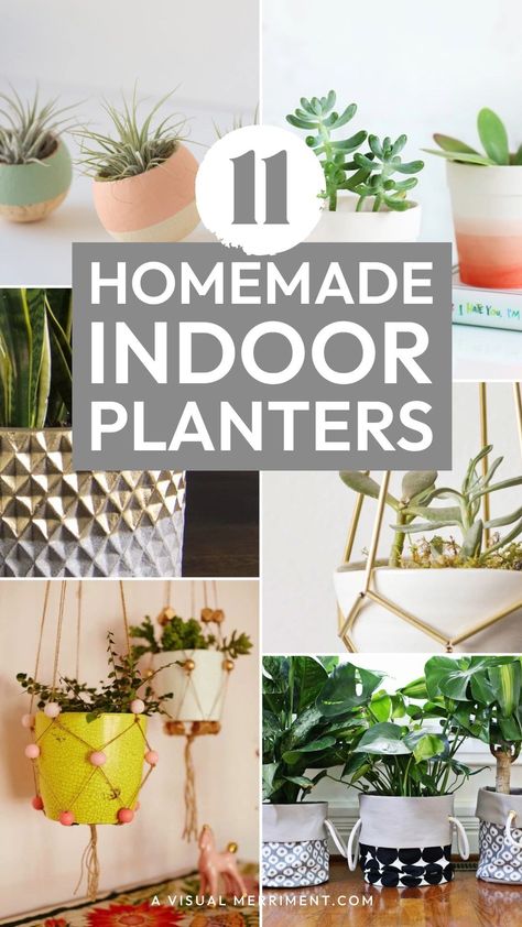 Ever wonder how to spruce up your space with little effort and cost? Dive into our collection of cute DIY indoor planter ideas that will make all your other plants green with envy. From walls to floors to hanging plants, we've got you covered! Check out the round up at A Visual Merriment #indoor #planter #diy Plant Pot Hanging Ideas, Wall Plants Indoor Diy, Indoor Plant Pot Ideas Diy Planters, Upcycled Planter Ideas, Planter Diy Indoor, Indoor Plant Pots Diy, Diy Planter Indoor, Unique Planter Ideas Indoor, Diy Big Planters Pots Indoor