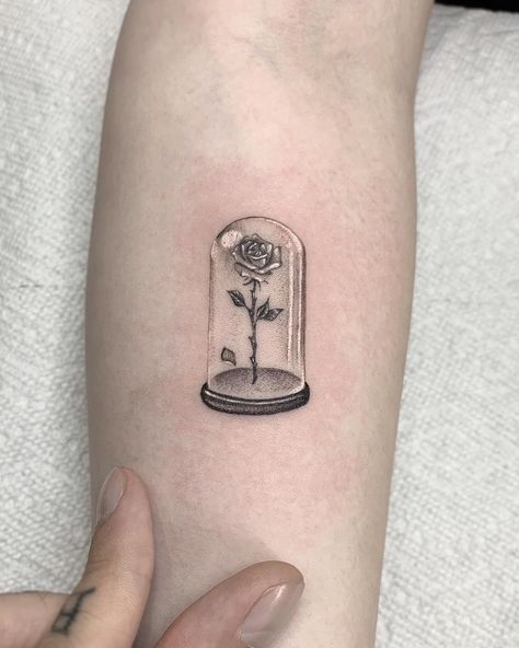 Beauty And The Beast Rose Tattoo, Beauty And The Beast Tattoo, Tattoo Appointment, Disney Sleeve, Small Rose Tattoo, White Ink Tattoo, Disney Tattoo, Geniale Tattoos, Glass Rose