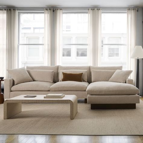 Harmony 2 Piece Chaise Sectional | Sofa With Chaise | West Elm Sectional Sofa And Accent Chair Layout, Chase Sectional Living Room, Living Room With Couch With Chaise, Oversized Chaise Sectional, Sofa With Chaise Living Room Layout, Minimal Cozy Living Room, Living Room With White Couch, Deep Sectional Sofa, Sectional Sofa Living Room