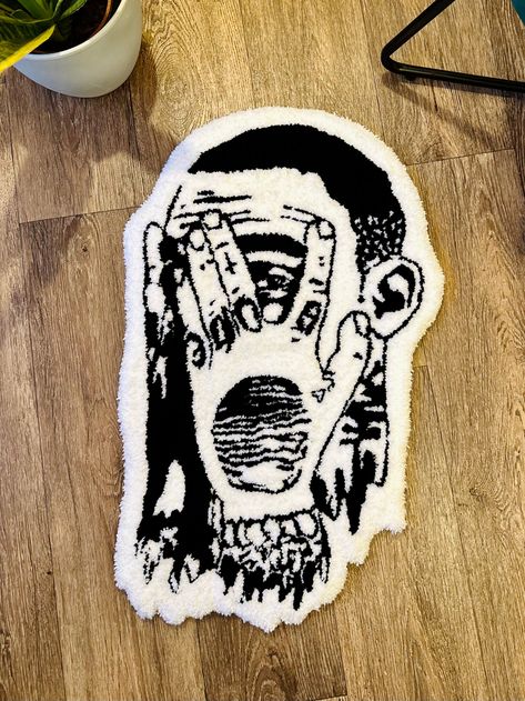 Mac Miller Decor, Apartment Finds, Black White Portrait, Rugs Ideas, Tufted Rugs, Rug Ideas, White Portrait, Mac Miller, Blue Evil Eye