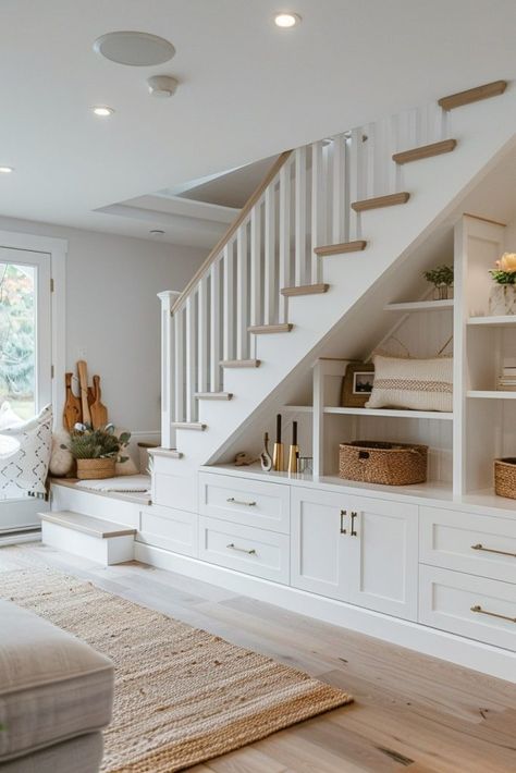 29 Staircase Storage Under Stairs Ideas for Clever Home Organization 20 Stairs With Built In Storage, Stairs In The Kitchen Ideas, Built In Cupboards Under Stairs, Under Cabinet Shelving, Under Stair Kitchen Storage, Built In Shelves Under Stairs, Built In Under Stairs, Cabinet Under The Stairs, Under Stairs Shelving