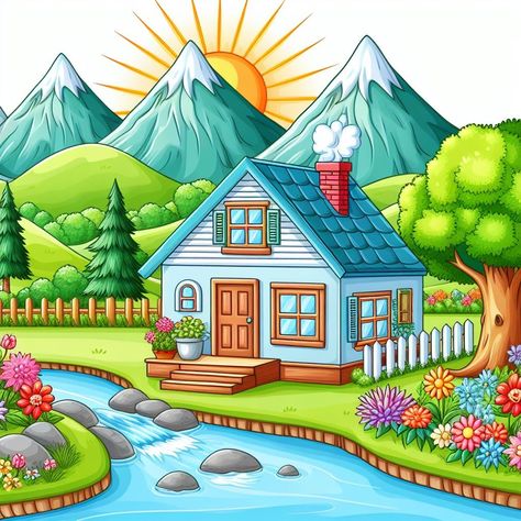 Beautiful Nature Drawings Easy, Scenery For Kids Drawing, Easy House Drawing For Kids, Nature Pictures Drawing Easy, Beautiful Scenery Drawings Easy, Natural Scenery Drawing For Kids, Cute Landscape Drawing, Kids Drawing Ideas Easy Nature, House Scenery Drawing