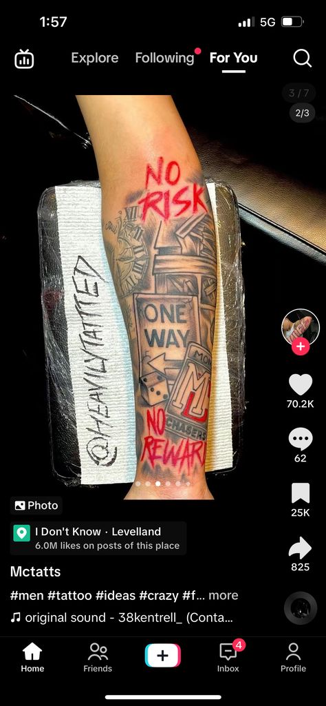 Neck Tattoos Men Throat, Leg Sleeve Tattoo Male For Men, Trap House Tattoo, No Risk No Reward Tattoo, No Risk No Story Tattoo, Risk Tattoo, Risk Taker Tattoo, Boyfriend Tattoos, Lower Arm Tattoos