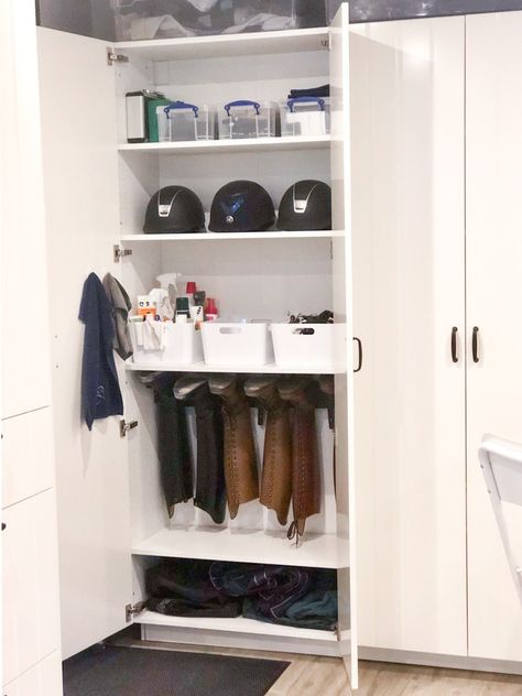 Riding boot storage in the tack room cabinet Stable Storage Ideas, Stable Organization Ideas, Tackroom Storage, Tack Storage, Dream Barn Stables, Tack Locker, Tack Room Organization, Horse Tack Rooms, Stable Style