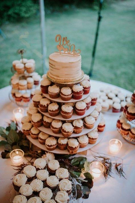 Cupcake Cake Wedding Display, Simple Cake And Cupcakes Wedding, Wedding Cake With Mini Cupcakes, Tiered Cake With Cupcakes, Cupcake Tiered Cake, Cupcake For Wedding Reception, Wedding Cupcakes And Small Cake, Wedding Desserts Cupcakes, Cake And Cupcake Stand Wedding