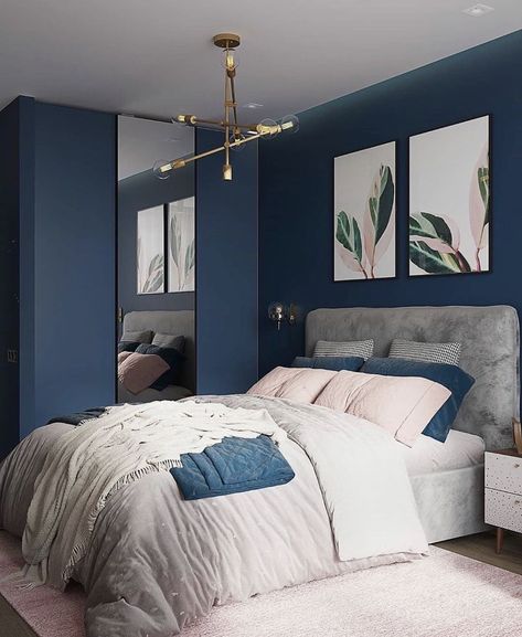 Blue Wallpaper Bedroom, Blue Bedroom Walls, Dark Blue Bedrooms, Elegant Room, Gold Bedroom, Bedroom Color Schemes, Elegant Bedroom, Blue Rooms, Room Makeover Bedroom