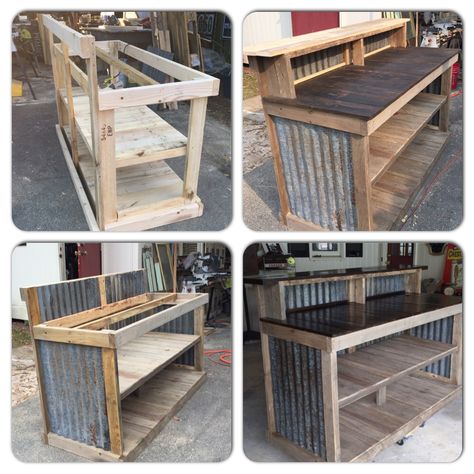 Cash wrap from beginning to end using pallets and salvaged tin Camping Bar, Counter Ideas, Cash Wrap, Retail Counter, Diy Home Bar, Pallet Bar, Shop Counter, Backyard Bar, Diy Bar