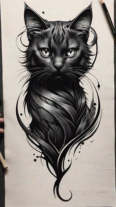 Cat Anime Drawing, Anime Drawing Guide, A Cat Tattoo, Cat Portrait Tattoos, Cat Tattoo Design, Black Cat Drawing, Cat Tatto, Cat Tattoo Simple, Black Cat Tattoos