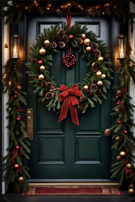 Beautiful Christmas Wreaths Front Doors, Festive Front Door, House Decor For Christmas, Christmas Wreath On Door, Christmas Decoration Outside House, Christmas Window Home, Classic Christmas Wreaths For Front Door, Front Door Decor For Christmas, Christmas Home Decor Outdoor