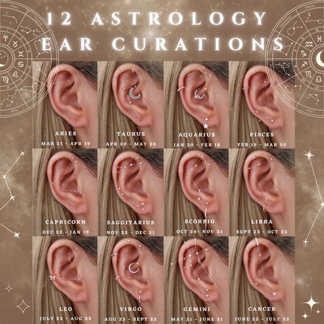 12 Astrology Constellation Ear Piercing Curation Ideas - Impuria Earrings – Impuria Ear Piercing Jewelry Aquarius Constellation Ear Piercing, Ear Piercings Constellation Sagittarius, Aquarius Constellation Piercing, Taurus Constellation Ear Piercing, Aquarius Piercing Ear, Virgo Ear Piercing, Constalation Piercing Ear Chart, Scorpio Ear Piercing, Leo Constellation Ear Piercing