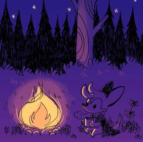 Little Fox Sitting By The Campfire | Celine Scampi Campfire Pose Reference, Sitting Around A Campfire Drawing, Campfire Drawing, Sitting Around A Campfire, Fox Sitting, 90s Cartoons, Building Art, Moon Magic, Art Poses