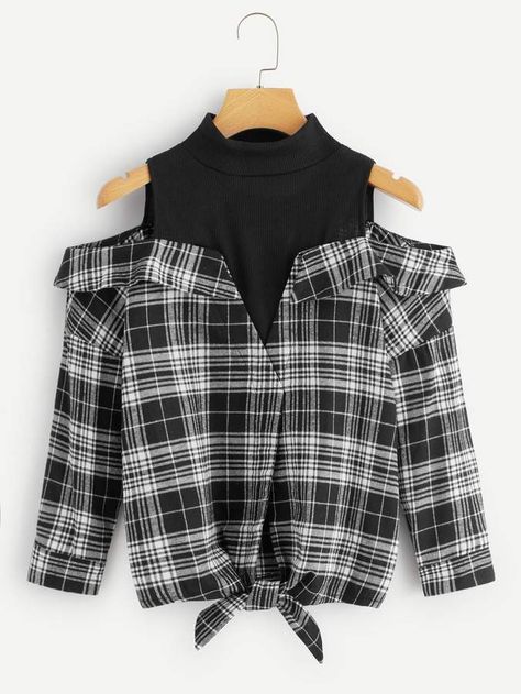 Shein Tartan Plaid Cold-shoulder Knot Hem 2 In 1 Blouse Tartan Shirt, Trendy Hoodies, Fashion Drawing Dresses, Trendy Fashion Tops, Elegante Casual, Crop Top Outfits, Fashion Attire, Women Blouses, Modest Fashion Outfits