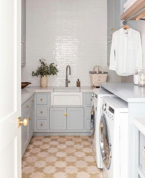 Mcgee Laundry Room, Dream Laundry Room, Laundry Room Flooring, Laundry Room Inspiration, Laundry Mud Room, Blue Kitchen, Tile Flooring, Laundry Room Makeover, Laundry Room Organization