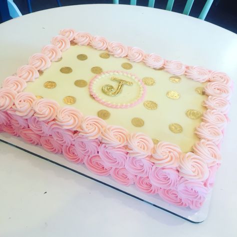 Rosette sheet cake , classy and chic by Hayleycakes and cookies in Austin tx! Baby Shower Kuchen, Pastel Rectangular, Pink And Gold Birthday, Birthday Sheet Cakes, Gold Birthday Cake, Bolo Minnie, Cupcakes Decorados, Bridal Shower Cakes, Gold Baby Showers