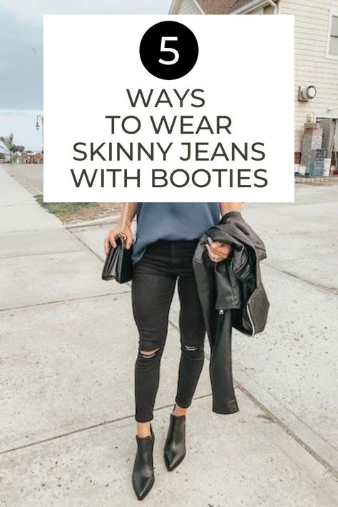 It's almost fall which means it's time to bust out the jeans and booties! If you're looking for an easy yet chic jeans and booties outfit, check out this post with 5 simple ways to pair skinny jeans with booties. #booties #howtowearbooties #skinnyjeans #bootiesoutfits Shooties Outfit How To Wear, Black High Heel Boots Outfit Jeans, Western Booties With Jeans, Pointy Booties Outfit, How To Style Booties With Jeans, Black Western Booties Outfit, Fall Outfits With Booties Ankle Boots, Black Booties Outfit Fall Ankle Boots, How To Style Booties