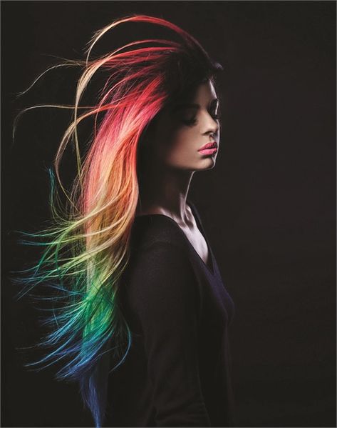 Trendy Photoshoot, Hair Salon Art, Hair Salon Pictures, Unicorn Hair Color, Salon Pictures, Trending Hair, Rainbow Hair Color, Hair Salon Decor, Rainbow Prism