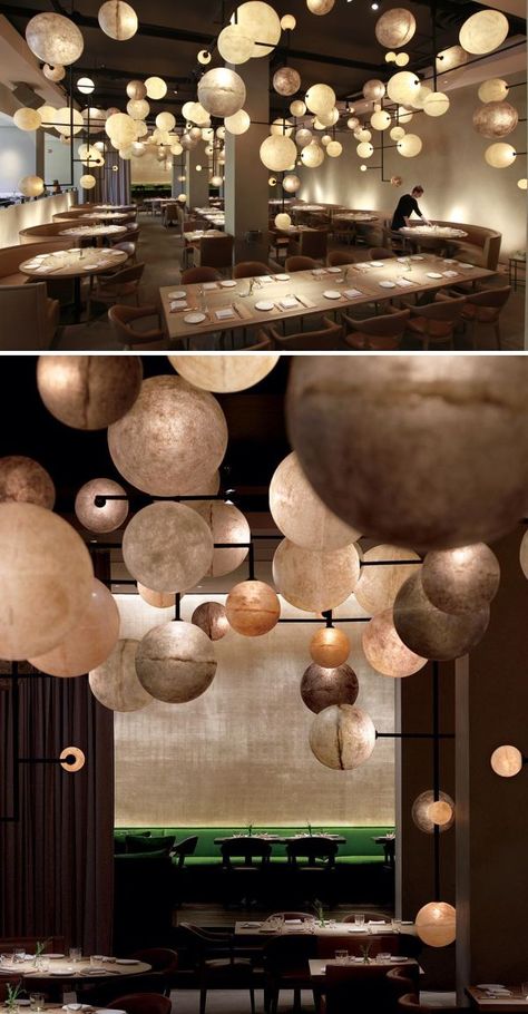 Lampada 061 by Dimore Studio at Ambassador Chicago Restaurant Pendant Lighting, Restaurant Lighting Ideas Ceilings, Dimore Studio, Oversized Pendant Light, Japanese Restaurant Design, Cafe Lighting, Starting A Restaurant, Restaurant Pendant Light, Restaurant Pictures