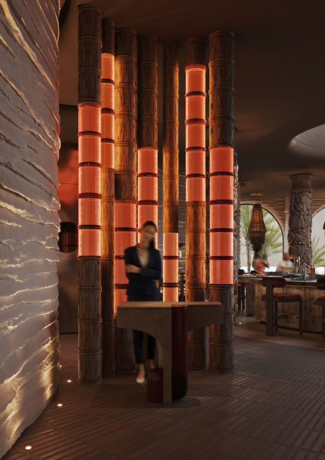 At the entrance, bamboo-like towers, partially painted in red, create a captivating hostess zone. The combination of this natural element with a signature Japanese color leaves an unforgettable impression. #yodezeen #yodezeen_architects #architects #design #restaurant Japanese Bar Design, Asian Fusion Restaurant, Restaurant Entrance, Japanese Bar, Modern Restaurant Design, Fusion Restaurant, Column Design, Asian Fusion, Reception Design